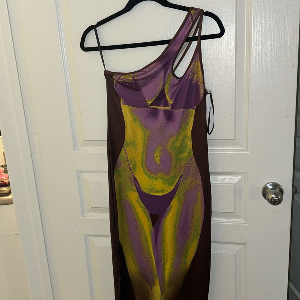 Brown and purple long dress with xray body image. Size medium
